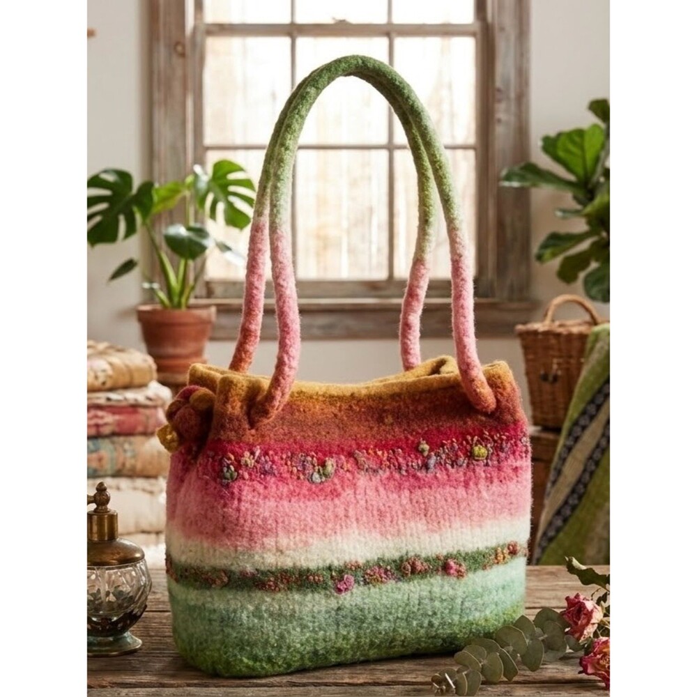 Handmade Desert Ombre Felted Wool Embroidered Fairycore Garden Shoulder Bag